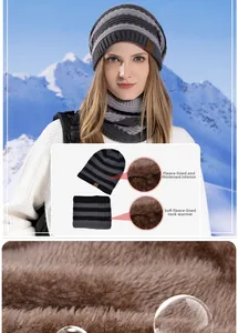 Close-up of thick plush lining in winter knit beanie hat and scarf set for warm protection