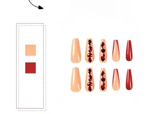 Detail of long coffin press-on nails with red glitter and rhinestones in nude-red ombre style