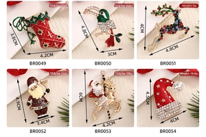 Detailed size and weight chart for six colorful Christmas theme enamel and crystal brooches