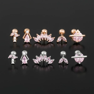 Pink zircon stainless steel ear studs set featuring rose gold and silver finishes