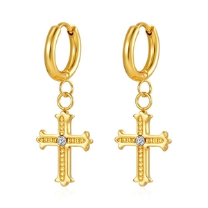 Elegant 18K gold plated cross hoop earrings with crystal center on a clean white background