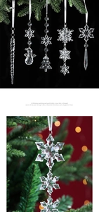 Detailed macro view of clear acrylic snowflake and icicle pendants for Christmas trees