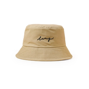 Detailed close-up of khaki cotton bucket hat featuring black busy script embroidery