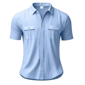 Detail of light blue linen shirt fabric texture and XL size neck label branding