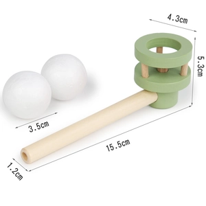 Detailed size chart of wooden floating ball game toy showing dimensions of pipe and foam balls
