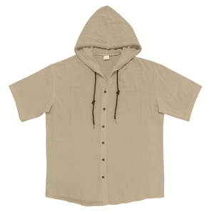 Detail of men's linen hooded short sleeve shirt showing button placket and drawstring texture