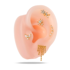 Golden flower butterfly bow cartilage piercing set with tassels and sparkling zircon stones