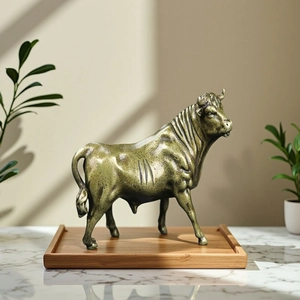 Bronze bull figurine statue on wood stand for elegant home office desktop decor