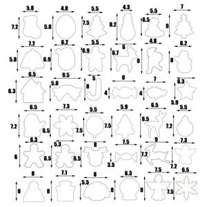 Size chart for 36-piece stainless steel Christmas cookie cutter set in centimeters