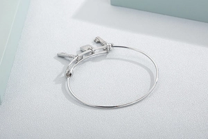 Detail view of silver stainless steel bangle with polished lock and key charms