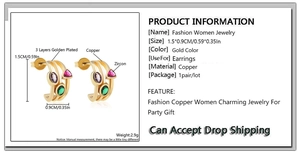 Detail view of gold-plated C-shaped earrings with purple, pink, and green zircon stones
