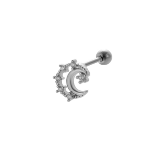 Detail of silver stainless steel screw back earring with zircon moon and star studs