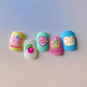 3D embossed cartoon bear and heart nail stickers in colorful macaron dopamine colors