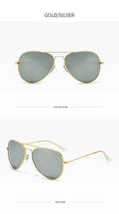 Front and side views of gold aviator sunglasses with silver mirrored lenses on white background
