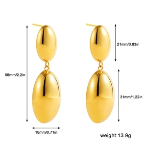 Detailed size chart showing dimensions of 18K gold double oval teardrop earrings