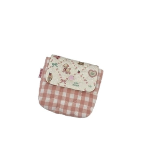 Pink checkered quilted mini storage pouch with cute animal illustrations and snap button