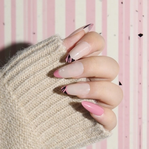Pink Nude Almond Long Press On Nails Christmas Snowflake Plaid Pattern French Style Artificial Fingernails Sweet Elegant Winter