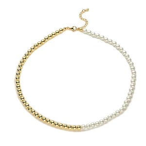 Detail of adjustable gold bead and white pearl necklace with lobster clasp and chain extender