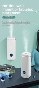 Dual-mode white aroma diffuser showing wall-mounted and desktop setup with mist spray