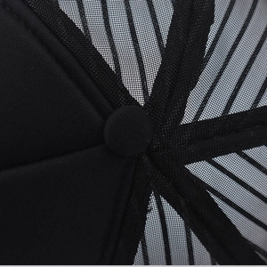 Vue macro du bouton supérieur et de la texture en maille de la casquette trucker