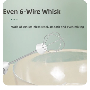 Close-up of a 304 stainless steel 6-wire whisk attachment for an electric mixer