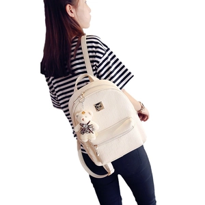 Women's cream white embossed faux leather backpack with cute bear pendant charm