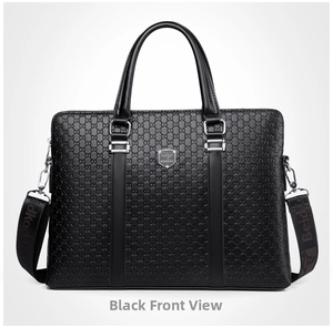 Close-up of black textured leather business briefcase with kangaroo shield logo and handles