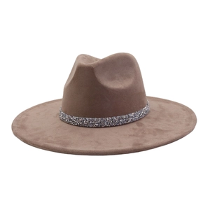 Detail of the dark coffee suede fedora hat with a luxury rhinestone decorative band
