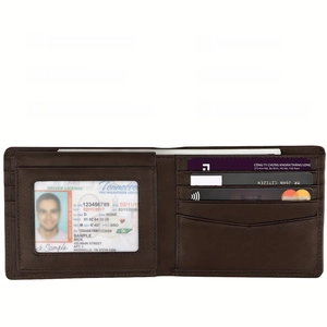 Slim bifold brown leather wallet for men with RFID blocking and multiple card slots