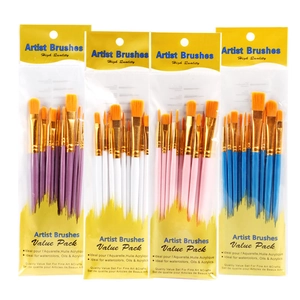 Set of 10 professional artist paint brushes with blue handles for watercolor and oil painting