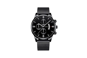 Detail of Geneva black mesh strap watch with three-eye dial and date display window