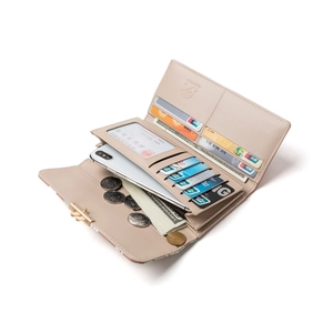 Beige trifold long wallet for women with multiple card slots and zipper compartment