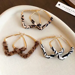 Geometric Hoop Earrings Alloy Faux Leather Plush Leopard Animal Print Chic Retro With 925 Sterling Silver Earring Post