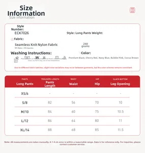 Detailed size chart and fabric specifications for seamless yoga leggings and fitness set