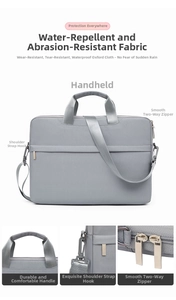Detail of waterproof Oxford fabric laptop bag with reinforced handles and metal hooks