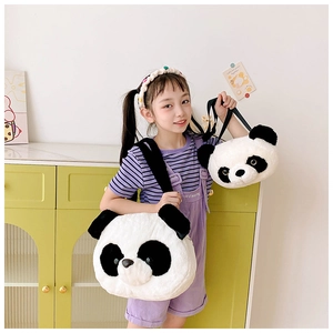Large panda plush shoulder bag and small handbag set shown by a young girl model