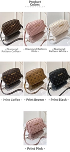 Collage of chic camera bags in checkered and monogram prints with gold zippers and straps