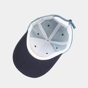 Street style denim patchwork baseball cap in blue cotton with adjustable metal buckle