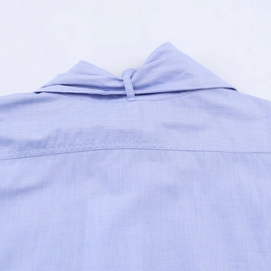 Detailed view of the neckline and back yoke on a light blue striped women's shirt