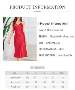 Detailed size chart for red imitation silk long nightgown with V-neck and sling design