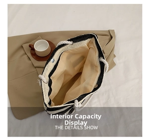 Top view of striped woven tote bag interior showing spacious lining and magnetic closure