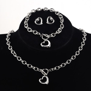 Stainless Steel Heart Jewelry Necklace Bracelet Stud Earrings Silver Hollow Open Heart Toggle Clasp Women Fashion