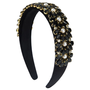 Baroque style wide headband with black crystals, faux pearls and golden metal settings