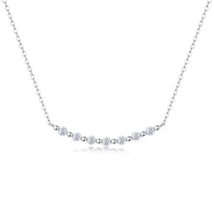 Detailed close-up of a curved S925 sterling silver necklace featuring seven sparkling stones