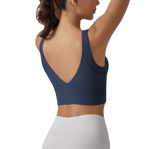 Navy blue V-back yoga sports bra with high-elastic fabric and seamless fitness design