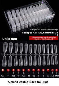 Size chart showing thin coffin nail tips in 10 sizes with specific millimeter measurements