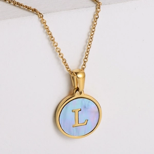 18k gold plated stainless steel necklace with blue shell pendant and letter L charm