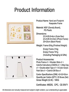Detailed size specifications for the DIY pet paw print and baby footprint gift frame kit