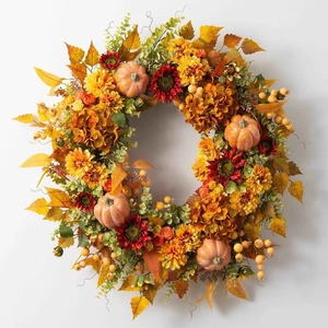 Autumn harvest wreath featuring faux pumpkins, maple leaves and mixed fall florals