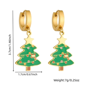 Gold-plated stainless steel Christmas tree earrings with green enamel and color dots